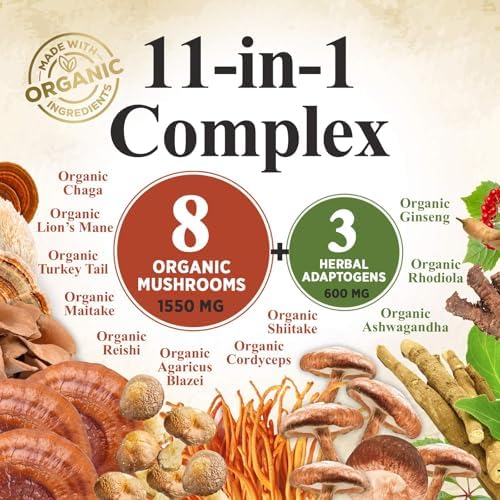 Mushroom Powder Supplement - 11-in-1 Blend - Organic Lions Mane, Reishi, Cordyceps, Chaga, Turkey Tail Mushroom Extract Powder - Brain & Immune Support Mushrooms Powder - Bottled in USA - 60 Servings