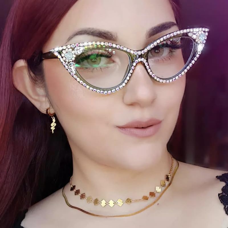 ICARA Sparkling Crystal Retro Cat Eye Frame Bling Rhinestone Reading Glasses for Women Blue Light Blocking Computer Eyeglass