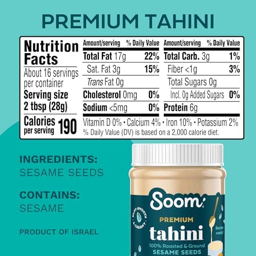 Soom Foods Premium Tahini 16oz (1 Pack) | Roasted & Ground Sesame Seed Paste | Creamy Tahini for Dubai Chocolate, Hummus, Sauces | Vegan, Nut-Free, Gluten-Free, Kosher, Keto, Paleo, Whole30