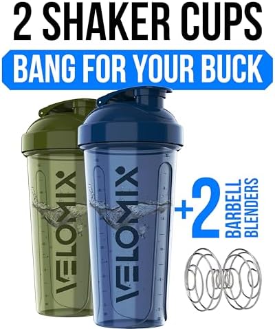 VELOMIX -2 Pack- 28 oz Protein Shaker Bottles for Protein Mixes - 2x Wire Whisk | Leak Proof Shaker Cups for Protein Shakes | Pre Workout Shaker Bottle | Shakers for Protein Shakes-Green&Blue