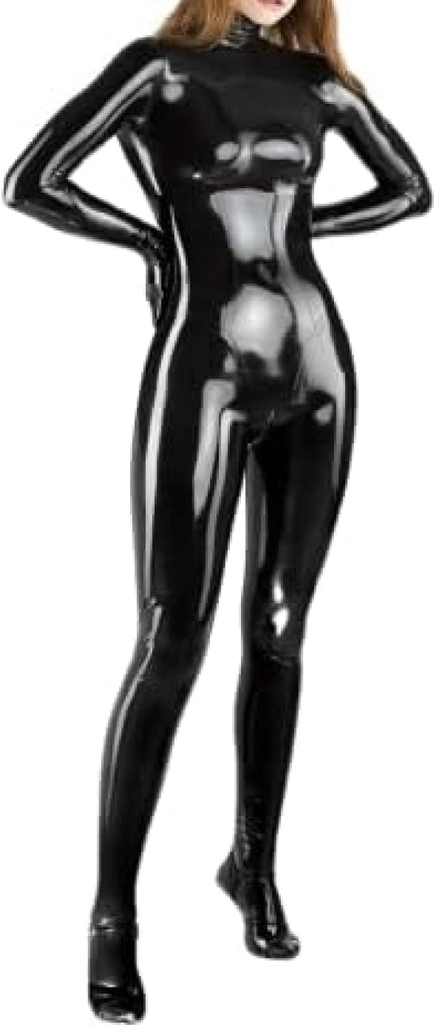 Handmade Black Latex Catsuit Erotic Rubber Bodysuit Female Back Crotch Zipper Lingerie-Black,Black,L