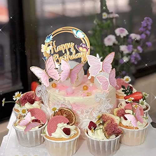 Butterfly Cake Toppers Decorations - 1 Big Happy Birthday Cake Topper & 15Pcs 3D Pink Gold Butterfly Cupcake Toppers - Party Supplies for Decorating Baby Shower Girl's Birthday