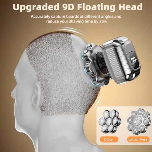 9D Head Shavers for Bald Men, 5 in 1 Detachable Head Shaver with LED Display, IPX7 Waterproof Wet Dry Rechargeable Electric Shavers for Men Grooming Kit for Home & Travel