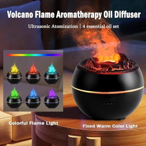 Volcano Essential Oil Diffuser, Volcano Flame Aromatherapy Diffuser, 7 Colors Fire Light & 4 Essential Oils, 360ml Auto-Off Cool Mist Ultrasonic Humidifier/Diffuser for Home Party Holiday