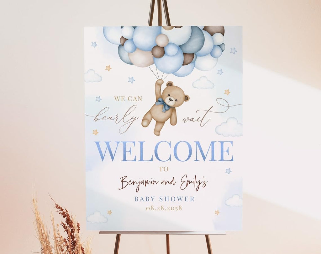 Generic Baby Shower Welcome Sign, Teddy Bear Design, Pastel, Rectangular, Modern, Full Size, Plastic, Weatherproof & Fade-Resistant, Tabletop Mount