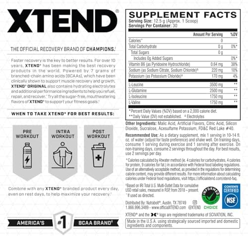 Xtend Original BCAA Powder, 7g BCAAs and 2.5g L-Glutamine for Muscle Recovery Hydration and Lean Muscle, Sugar Free Intra and Post Workout Drink with Electrolytes, Watermelon Explosion, 30 Servings