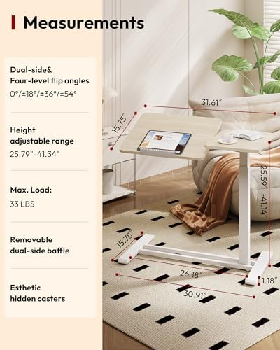 SANODESK Small Rolling Overbed Table Adjustable Height with Wheels, Mobile Laptop Desk with Tilting Desktop, Portable Computer Workstation for Home Office, Classroom, Bedside, Wood Grain
