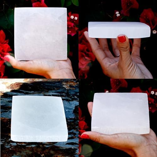 Om Zone Selenite Charging Plate for Cleansing Crystals & Healing Stones, Meditation, Reiki, Protection Crystals, Spiritual Gift (1, 4" Square)