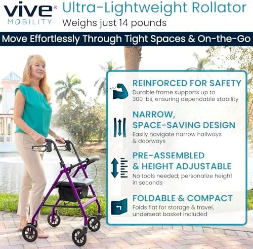 Vive Ultra Lightweight Rollator Walker with Seat - Foldable, Narrow, Rolling Senior Walker for Small Spaces - 4 Wheel Aluminum Adult Easy Drive Aid with Underseat Accessory - Weighs Only 14 Lbs