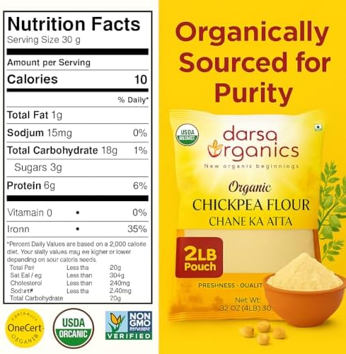 Darsa Organics Chickpea Flour 2 lb - Premium Stone Ground Besan Flour - Gluten Free Garbanzo Bean Flour for Baking and Cooking - Non-GMO Gram Flour, Chemical Free, Vacuum Sealed Bag