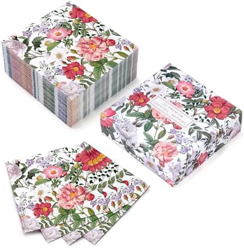 WRAPAHOLIC 50Pcs Floral Cocktail Napkins - 3 Ply Disposable Flower Garden Blossom Paper Napkin for Wedding Bridal Shower Baby Shower Tea Party Birthday - 5 x 5 In