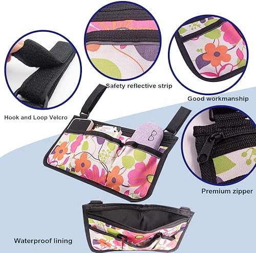 Wheelchair Side Bag, Wheelchair Accessories, Wheelchair Armrest Bag Storage Pouch to Hang on Side, with Reflective Stripes, Fits Mobility Scooter, Walker, Rollator, Floral Design (pink floral)