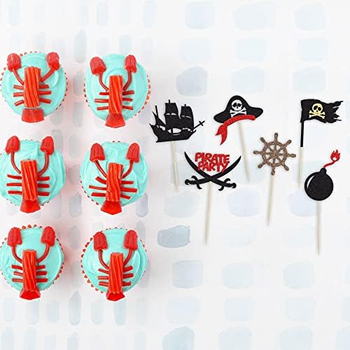 24Pcs Pirate Cupcake Toppers Black Glitter Nautical Sailing Skull Cap Cupcake Picks for Pirate Theme Baby Shower Kids Birthday Party Cake Decorations Supplies