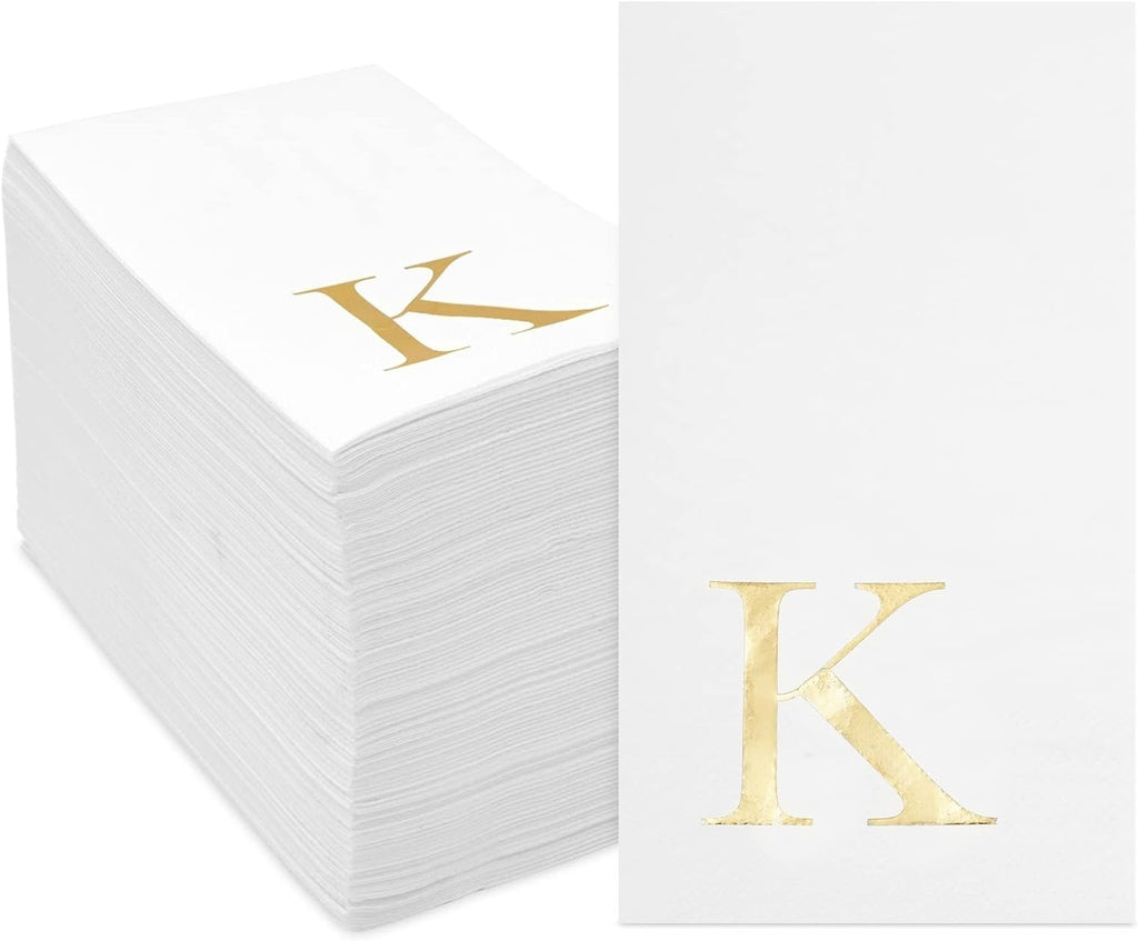 Sparkle and Bash 100 Count Letter K Cocktail Napkins - Gold Initial Napkins 3-Ply and Personalized Style for Wedding Reception and Party Foil Table Decoration - 4 x 8 in, White Gold
