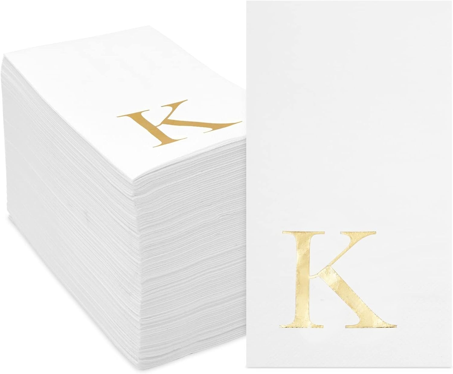 Sparkle and Bash 100 Count Letter K Cocktail Napkins - Gold Initial Napkins 3-Ply and Personalized Style for Wedding Reception and Party Foil Table Decoration - 4 x 8 in, White Gold