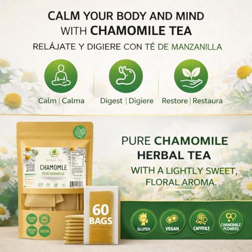 Manzanilla Té (Chamomile Tea) – 60 Premium Tea Bags – 100% Natural Herbal Infusion (Matricaria chamomilla) – Soothing Nightly Ritual – Caffeine-Free, Vegan, Non-GMO – Authentic by BEXPERTSUSA