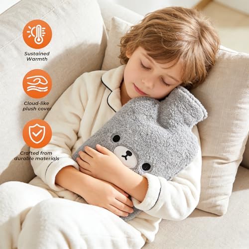 samply Hot Water Bottle with Cute Fleece Cover, Hot Water Bag for Hot and Cold Compress, Hand Feet Warmer, Neck and Shoulder Pain Relief, Grey Bear