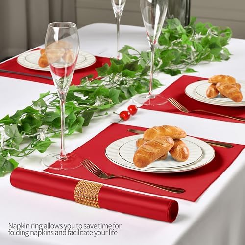 100 Pack Red Satin Napkins and Napkin Rings Set,12 x 12 Inch Silky Soft Cloth Napkins Set of 50,Square Satin Dinner Table Napkins Bulk for Wedding Banquet Restaurant Graduation Party Decoration