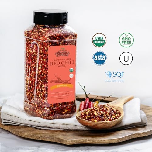HQOExpress Organic Red Chili Pepper Crushed – Non GMO, Kosher, USDA Certified Organic Chili Flakes – Hot and Spicy Seasoning for Soups, Chilis, Marinades and Stir Fries, 10 oz. Chef Jar