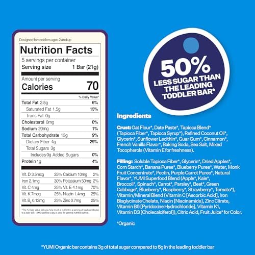Yumi Organic Toddler Snacks Bars - Gluten-Free, No Added Sugar, 7+ Vegetables, Soft-Baked Crust Yumi Bars, Healthy Toddler Organic Snacks - School Safe and for Lunch Boxes, Blueberry & Purple Carrot (30ct.)