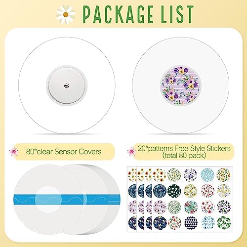 Colarr 80 Pcs Sensor Covers Compatible with Libre 2 Stickers Waterproof Adhesive Patches Transparent Tape Compatible with Libre 2 and 80 Sensor Stickers Set Transparent Adhesive Patches(Flower)