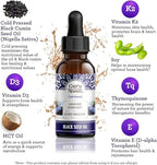 GuruNanda Black Seed Oil, Cold-Pressed Nigella Sativa - Rich in Vitamin D3 5000 Units, K2 & E, High Thymoquinone | Potent Antioxidant for Immune Support, Non-GMO, 2 Fl.oz