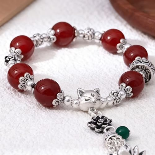 RITIM Natural Red Agate Healing Bracelet, Lucky Fox Charm Adjustable Bracelet for Women Men, Chakra Stone Beads for Positive Energy, Protection & Good Fortune, Meaningful Gift for Loved Ones