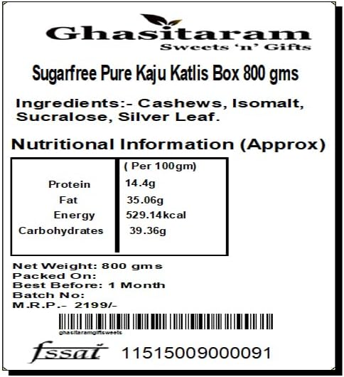 Ghasitaram Gifts Indian Sweets - Sugarfree Sweets Pure Kaju Katlis Box