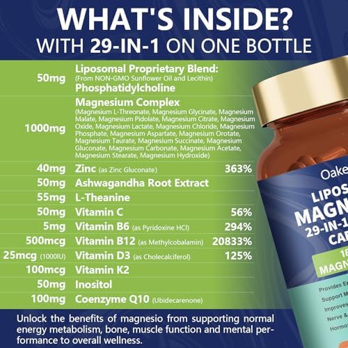 29-in-1 Liposomal 18 Active Types Magnesium Complex 1400MG Capsule,L-Threonate Glycinate Malate etc,Mild & Efficient,Extra Vitamin B6 B12 D3K2 & CoQ10, Relaxation Nerve* & Hert* Support