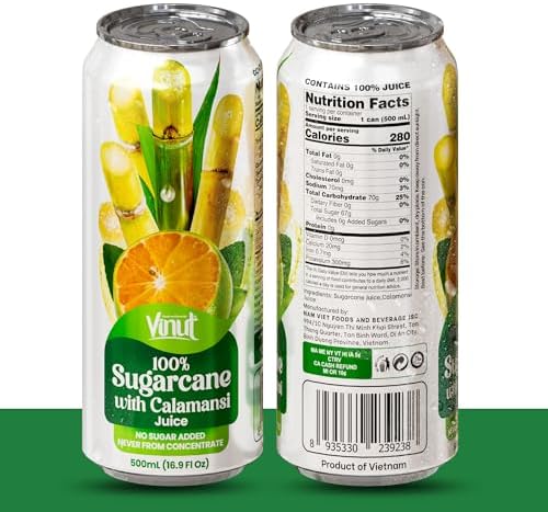 VINUT 100% Sugarcane with Calamansi Juice, No Added Sugar, Not From Concentrate, 16.9 fl oz (500 mL) Can, Pack of 12