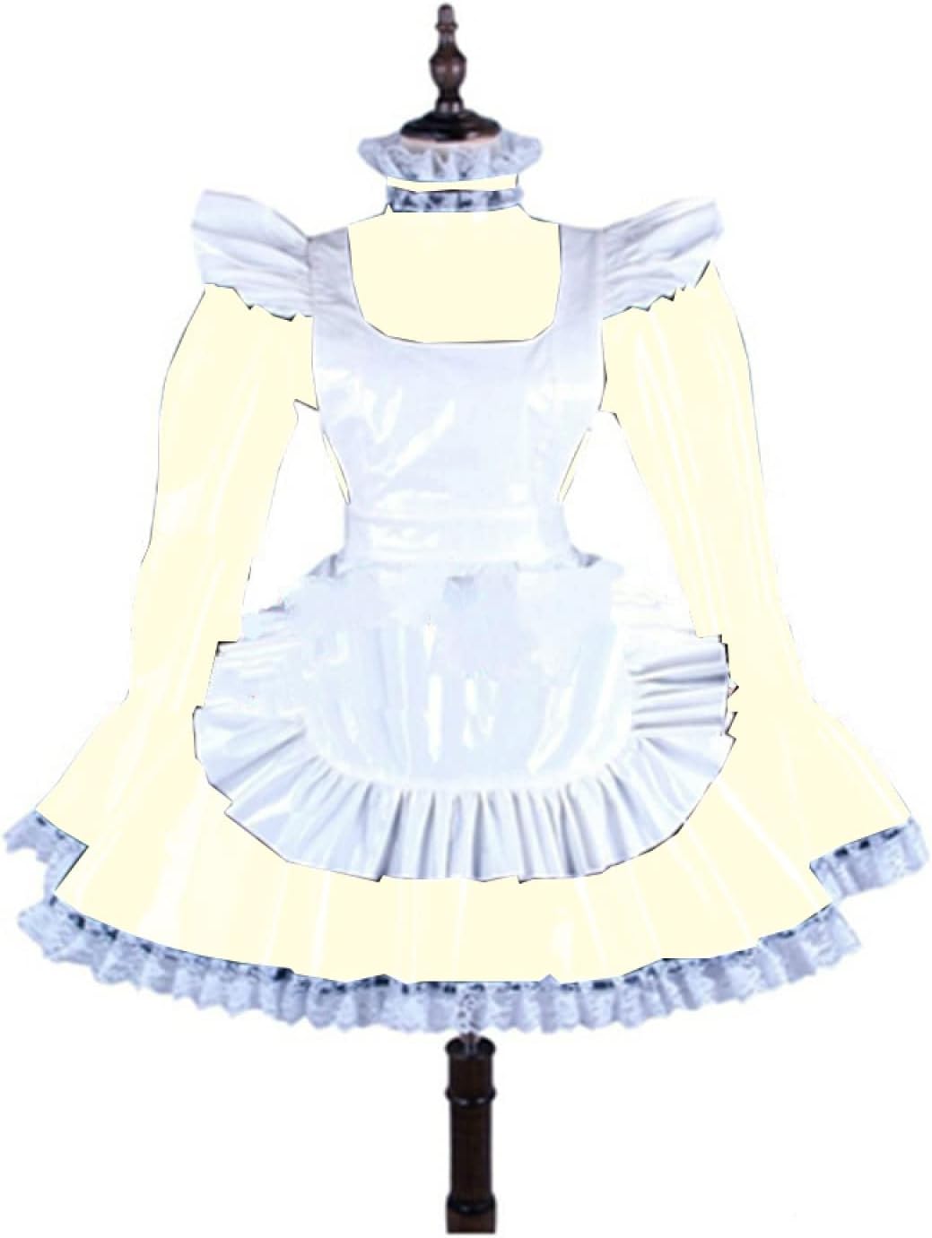 Plus Size Lace Trim Mini Dress Women Long Sleeve Dress with White Apron Valentine Costume,Beige,XXXL