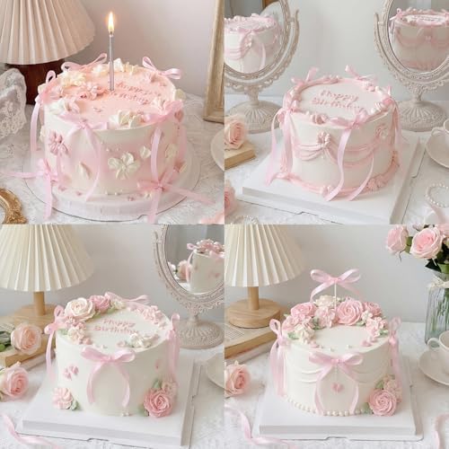 30 Pack Bow Cake Toppers Pink Ribbons Bows for Cake Coquette Themed Bow Cupcake Toppers Pink Bow Birthday Decorations for Baby Shower, Birthday, Wedding, Bachelorette, Mothers Day Decorations