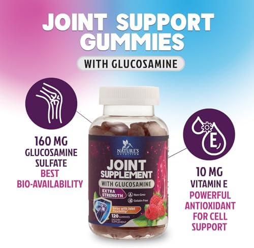 Joint Support Gummies - Glucosamine Plus Vitamin E Nature's Joint Support Supplement for Occasional Discomfort for Back, Knees & Hands - Cartilage & Joint Health & Flexibility Support - 120 Gummies
