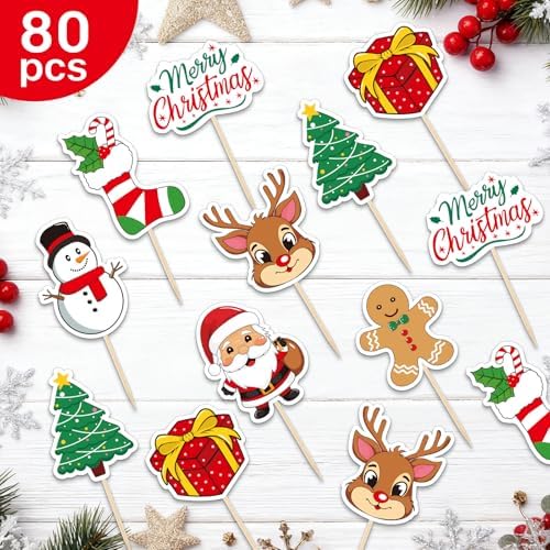 Morcheiong Christmas Cupcake Toppers - 80 Pcs Winter Holiday Party Fruit Cake Decoration Supplies