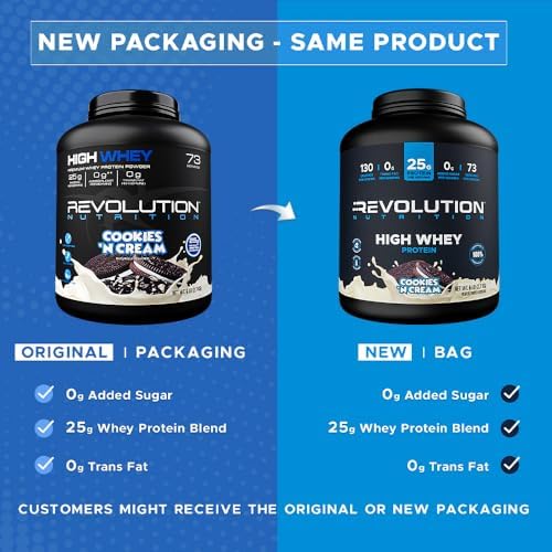 Revolution Nutrition, High Whey, Protein Powder 6LB, Whey Isolate, Gluten Free, Lean Muscle Mass for Men & Women, 25g of Protein Per Scoop, 2.7kg, 73 Servings (Cookies & Cream, 6 Pound)