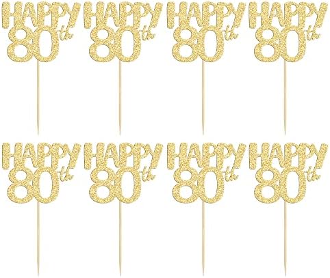 Gyufise 24Pcs Happy 80th Cupcake Toppers Gold Glitter Number 80 Cupcake Pick Decorations for 80th Birthday Celebrating Anniversary Party Cake Decorations Supplies