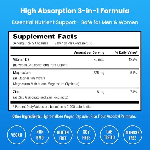 NutraChamps Magnesium Zinc & Vitamin D3 Supplement - Most Bioavailable Forms; Magnesium Glycinate, Malate, Citrate - Bone, Muscle & Heart Health, Immune Support - 120 Vegan Capsules