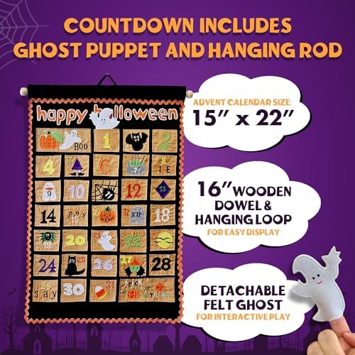 Happy Halloween Advent Countdown Calendar Decoration for Kids and Family by My Growing Season | Wall Hanging Fabric Decor with Detachable Friendly Ghost Finger Puppet