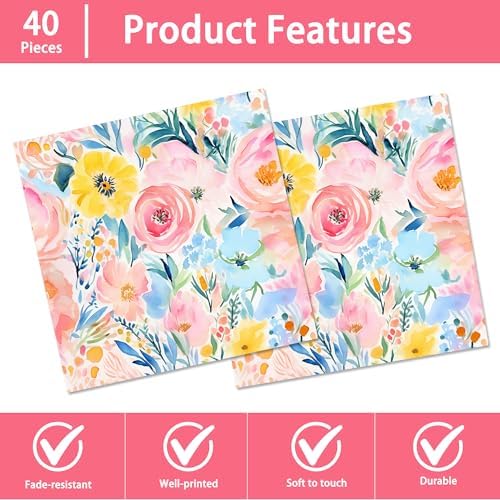 40PCS Floral Paper Napkins, 6.5" x 6.5" Disposable Luncheon Napkins with Watercolor Pink Roses & Yellow Flowers Design for Wedding Receptions, Bridal, Baby Showers, Birthday Parties, Outdoor Picnics