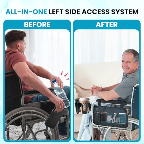 Wheelchair Accessories, Wheelchair Cup Holder with Wheelchair Side Bag, 360° Rotatable & Strong Clip Cup Holder for Wheelchair, Mobility Scooter, Walker Accessories for Seniors, Adults