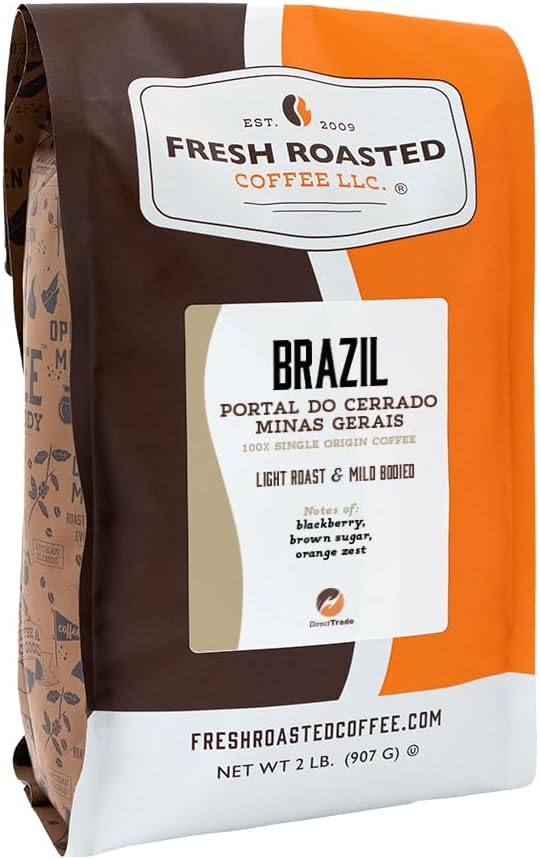Fresh Roasted Coffee, Brazil Minas Gerais, 2 lb (32 oz), Light Roast, Kosher, Whole Bean
