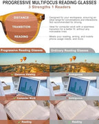 Photochromic Progressive Multifocus Reading Glasses No Line Multifocal Reader for Women Men (BR +2.5)