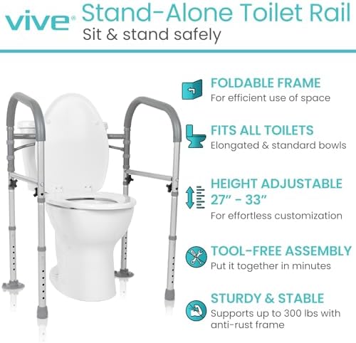 Vive Toilet Safety Rail - Medical Chair for Handicapped & Seniors - Folding Bathroom Frame w/Handles, Arms for Elderly, Disabled - Standalone Grab Bar - Seat Assistance Support Stand Up Assist