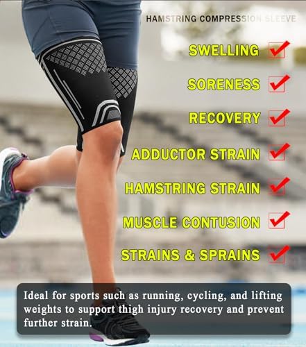 1 Pair Thigh Compression Sleeve for Men and Women, Upper Leg Sleeves, Anti Slip Hamstring Compression Sleeve for Pulled Muscle Relief, Running, Workout, Sports Recovery (Black and White, Large)