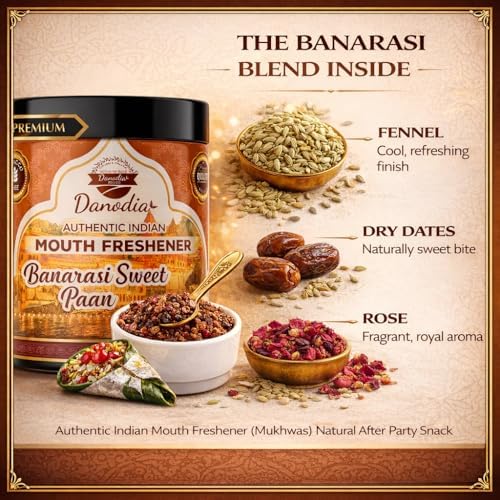 Danodia Foods Banarasi Meetha Paan 100 g (3.53 oz) — Authentic Indian Mouth Freshener (Mukhwas), Fennel • Dry Dates • Rose, Non Tobacco, Alcohol Free | Natural After Party Snack