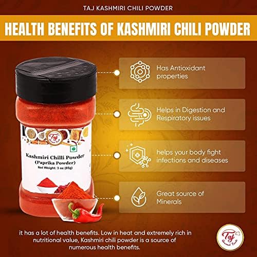 TAJ Premium Indian Kashmiri Chilly Powder, (Deggi Mirch, Lal Mirch), Mild Hot (3-Ounce)