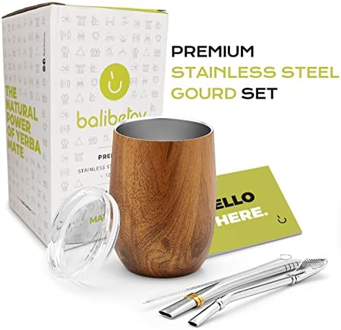 BALIBETOV Premium Stainless Steel Yerba Mate Gourd Set, 5 Pcs Including 12 oz Gourd with Lid, 2 Bombillas, Cleaning Brush | BPA Free, Insulated