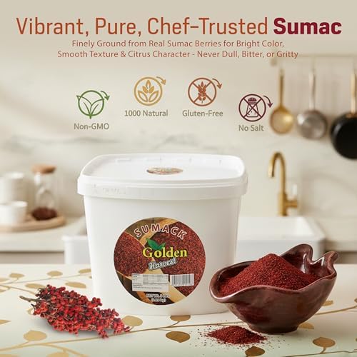 Golden Harvest Sumac Spice Powder | Non GMO | Tangy Lemon Like Taste | Ground Sumac Spice | Perfect For Seasoning, Salads, Marinades, Mediterranean & Middle-Eastern Cuisine, 5lbs (2.26kg) Bulk Pack