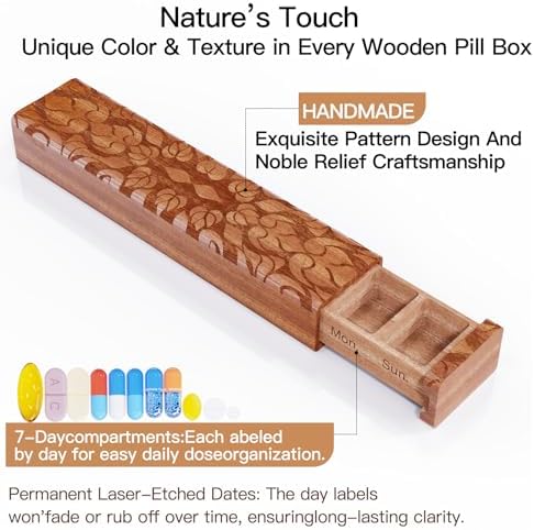 Wooden 7 Day Pill Organizer, Daily Once-a-Day Pill Box, Portable Travel Pill Case with Medium Compartments, Arthritis Friendly for Weekly Medication & Vitamin Tracking (Sapele)