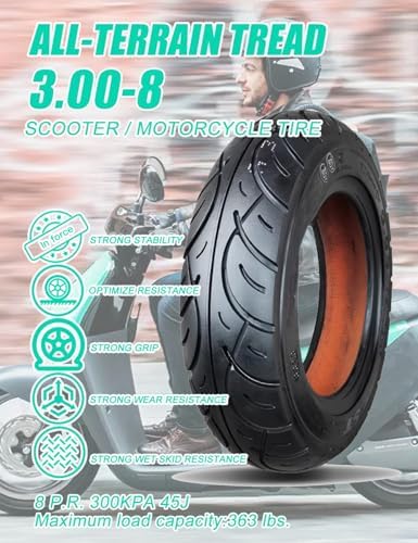 3.00-8 Tubeless Tire for Scooter, 3.00 8 Offroad Tires for Dirt Bike Front or Rear, 3.00x8 Wheelchair Tires Fits on 8 Inch 3.00-8 Pneumatic Tire, 8 P.R. 45J 300 KPA